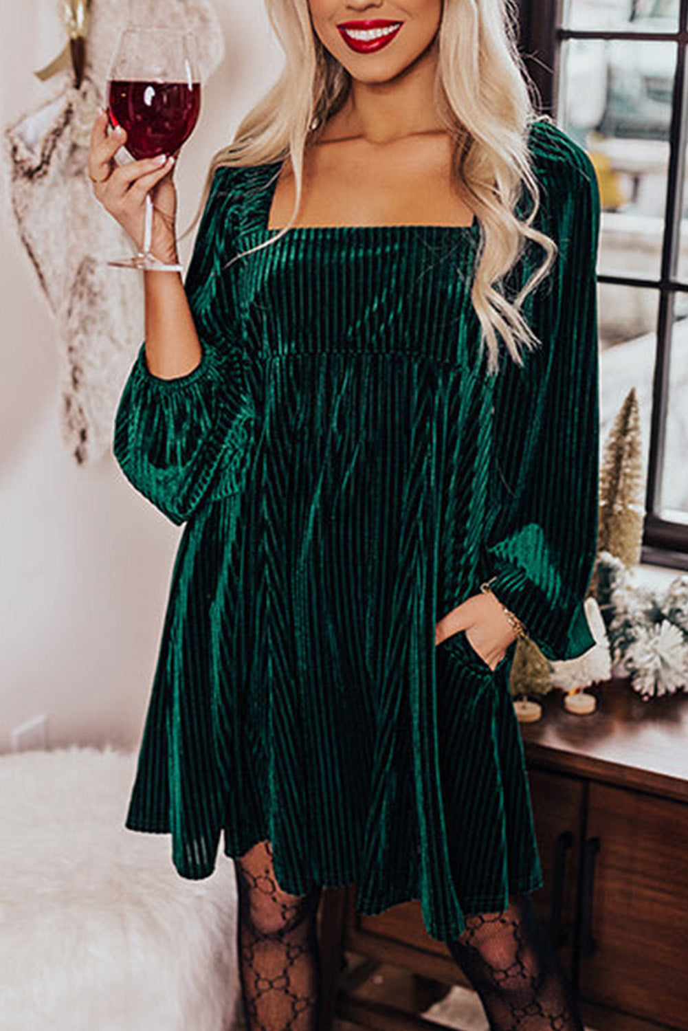 Green Tie Back Square Neck Velvet Babydoll Dress  I am a Fashion Junky