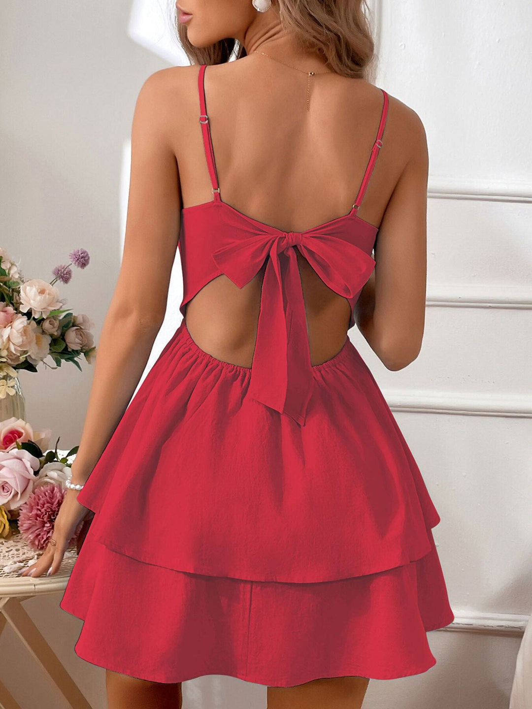 Tie Back Layered Ruffle Hem Mini Dress