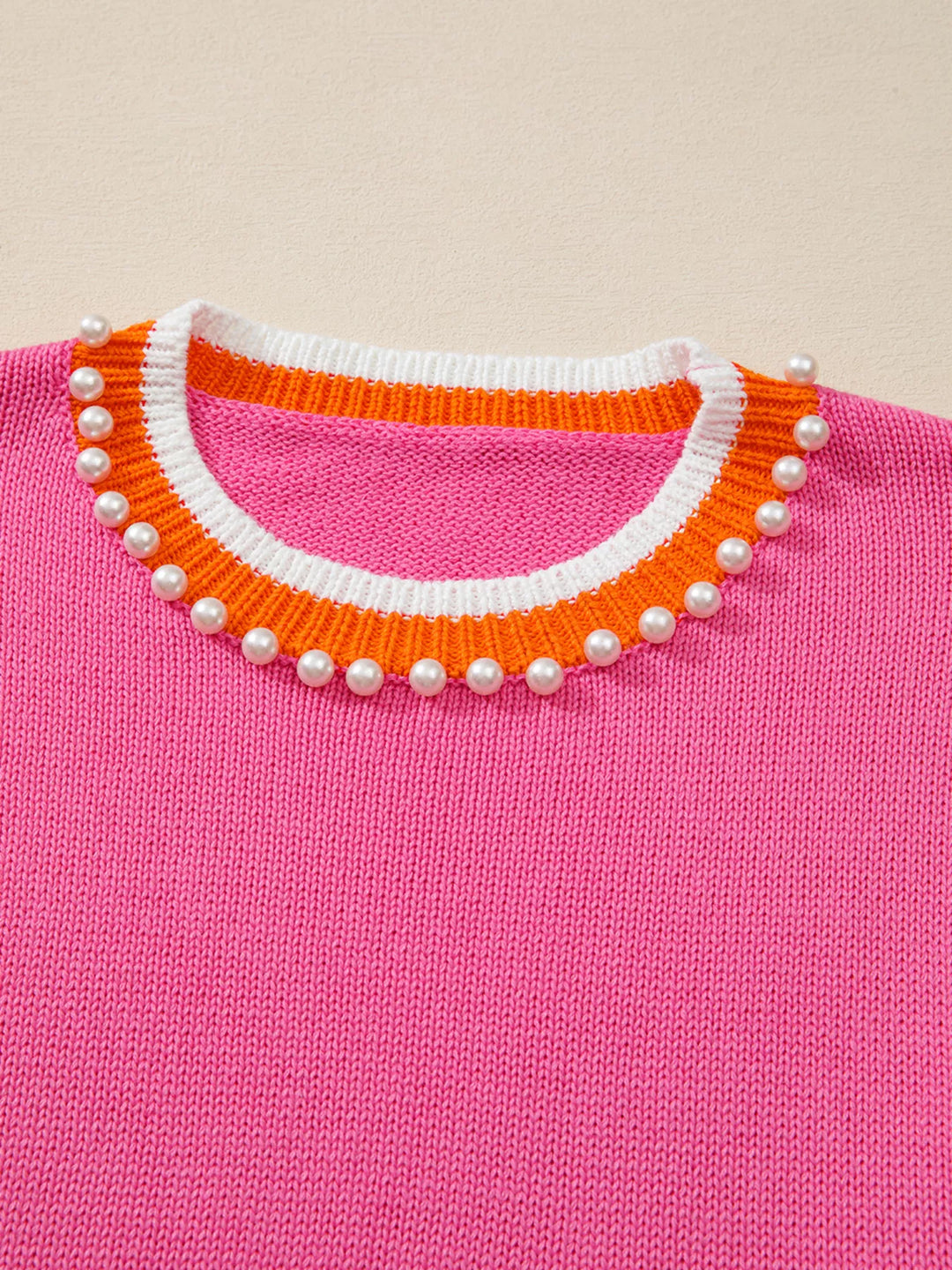 Contrast Crew Neck Pearled Decor Drop Shoulder Knit Sweater