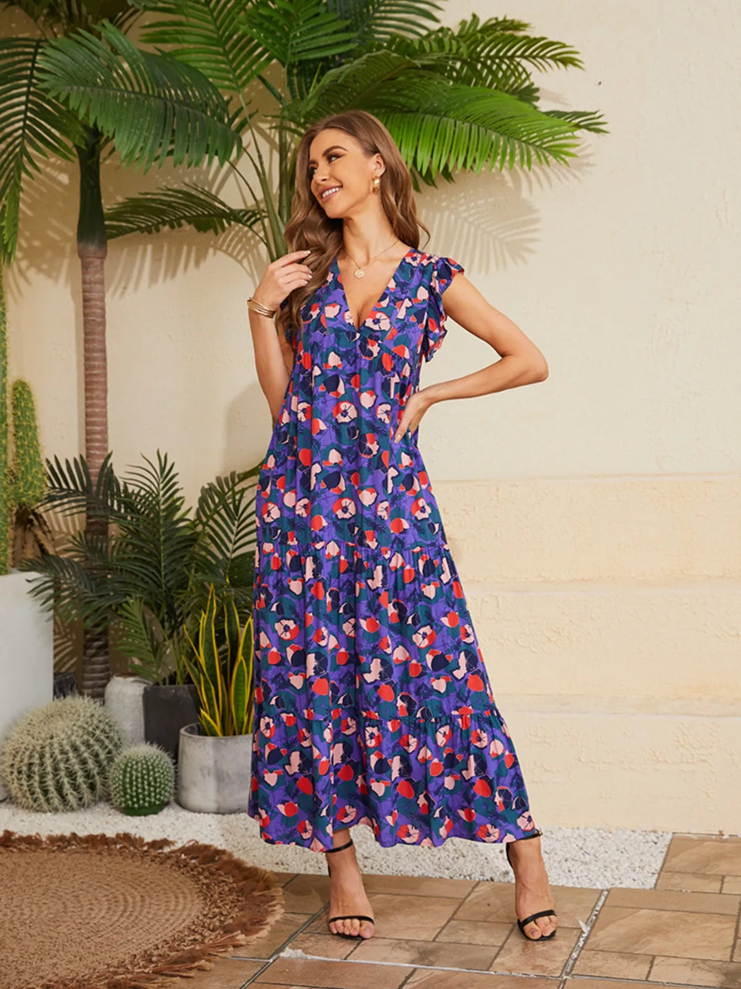 Floral V-Neck Cap Sleeve Summer Dress