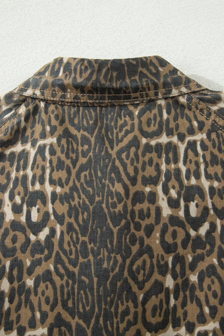 Leopard Print Puff Sleeve Denim Dress