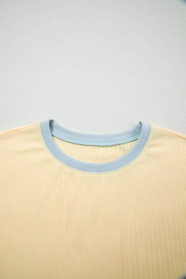 Soft Ribbed Color Block Trim Casual Short Set