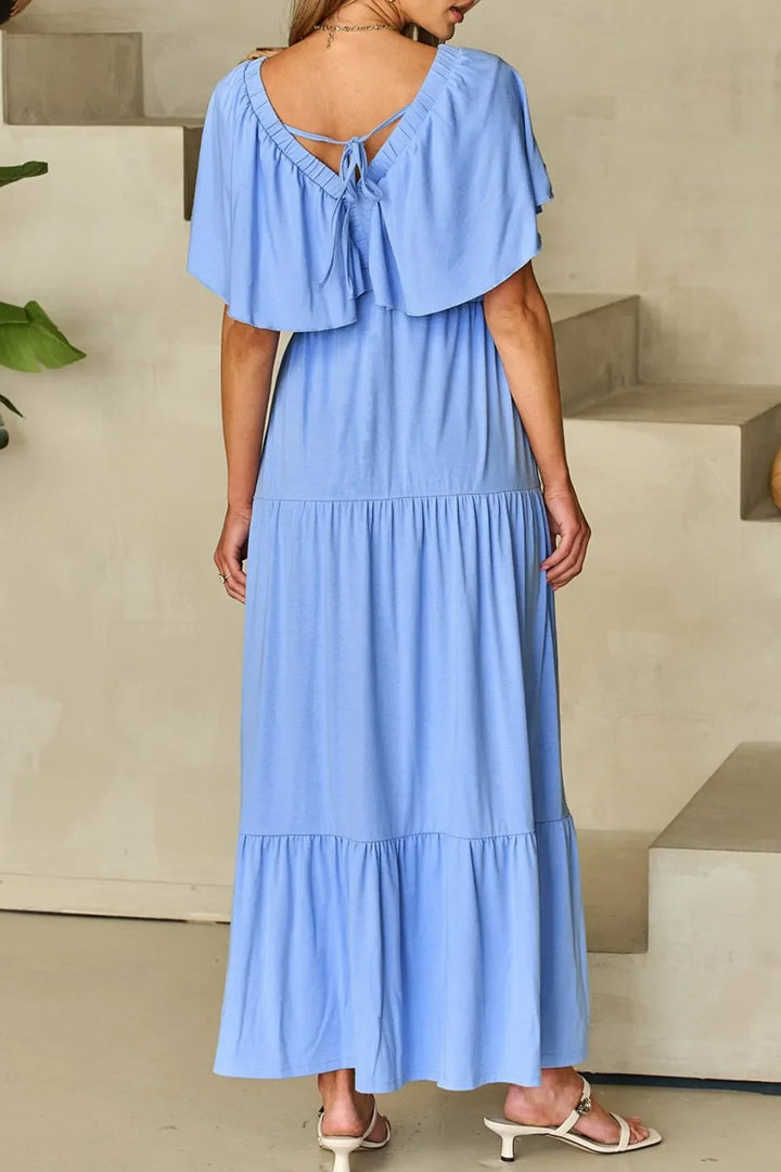 Ruffled V Neck Flutter Sleeve Maxi Dress