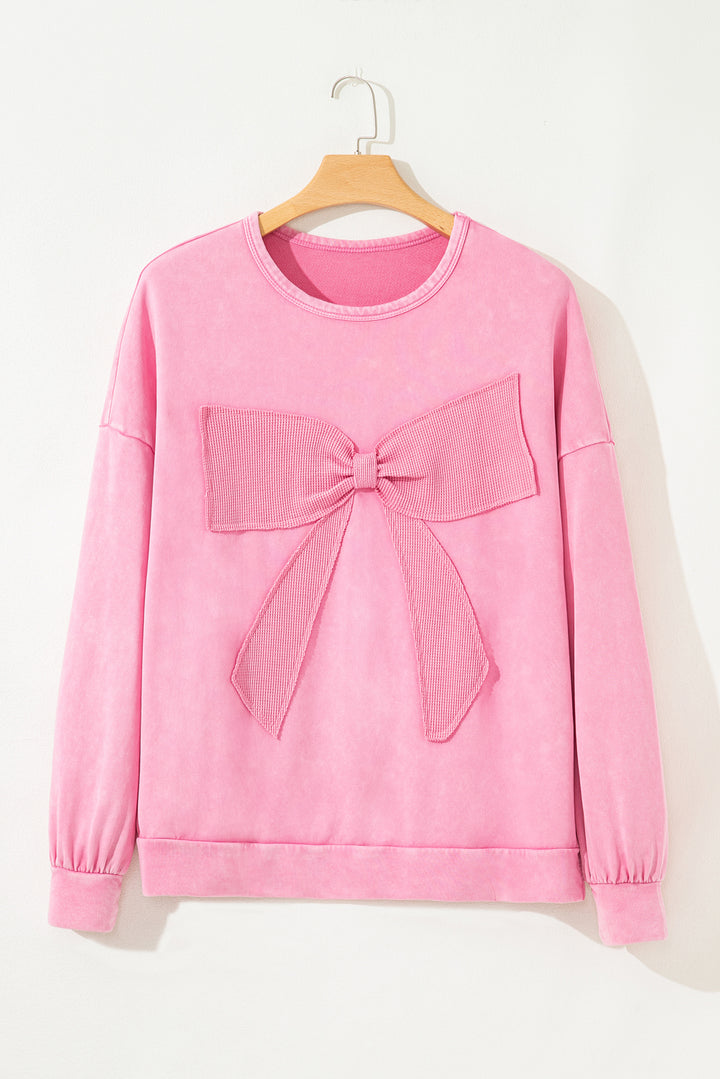 Bonbon Waffle Bowknot Patchwork Graphic Mineral Wash Plus Size Sweatshirt