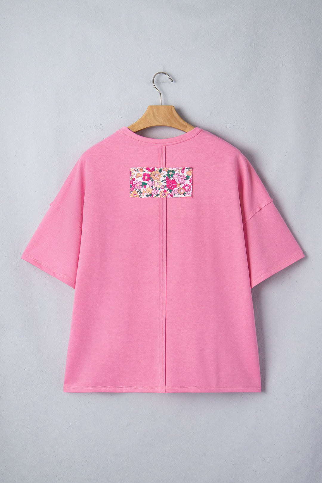 Bright Pink Floral Patched Raw Seam Big Flower Oversize Tee