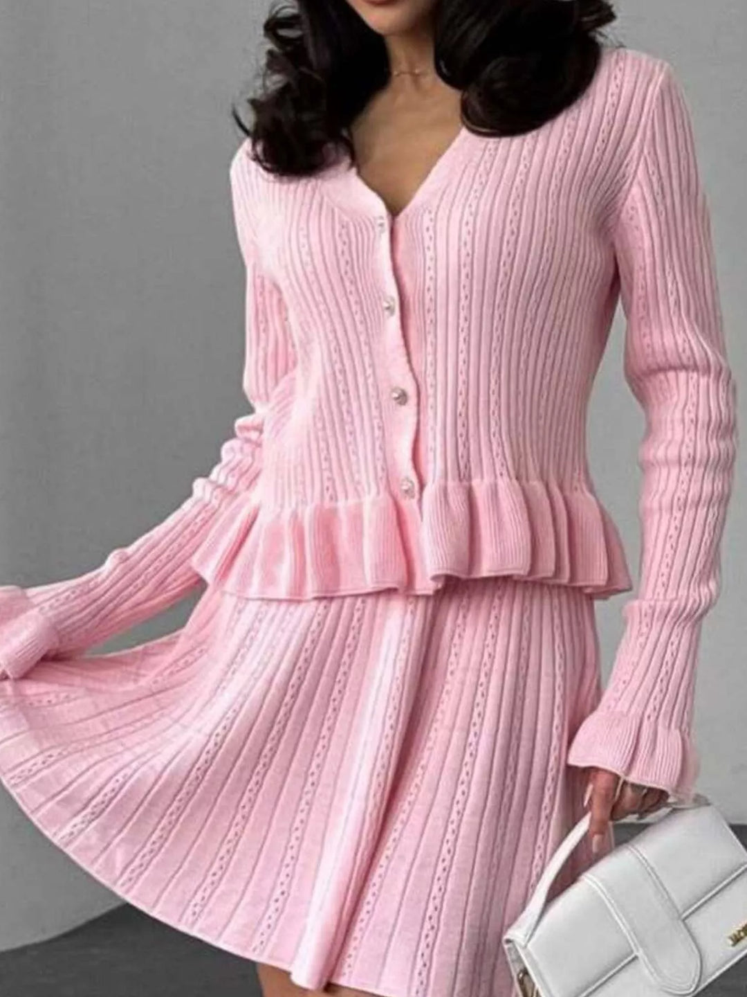 Ruffle Trim Knit Cardigan & Skirt Set