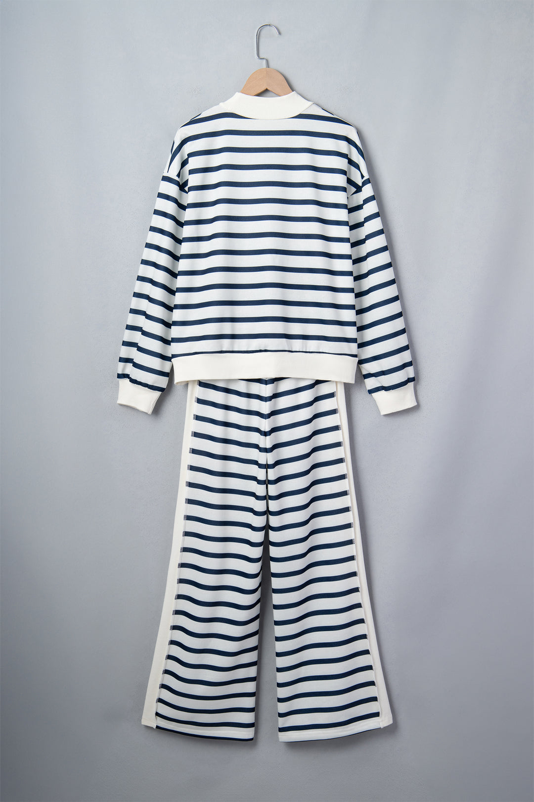 Blue Stripe Striped Ribbed Cuff Collar Pocket Loose Pant Set
