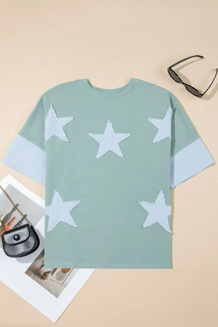 Frayed Denim Star Patched Oversize T Shirt