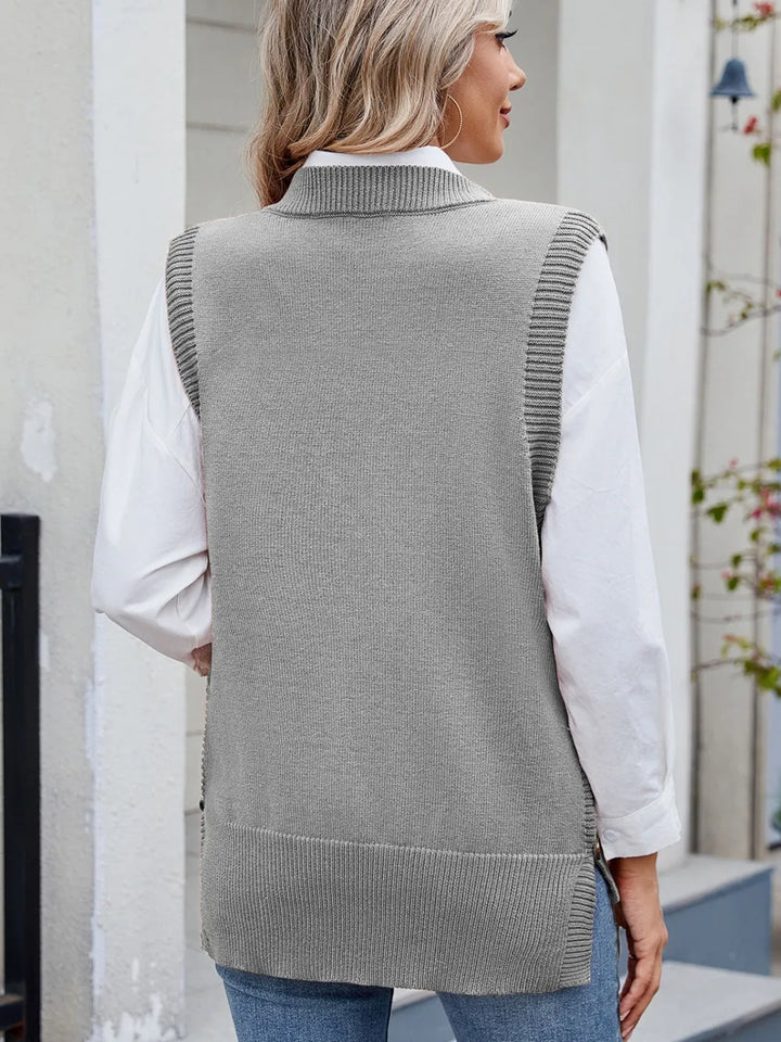 Buttoned Round Neck Sweater Vest