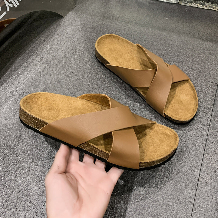 Mens Cork Slippers Cross-strap Sandals Fashionable