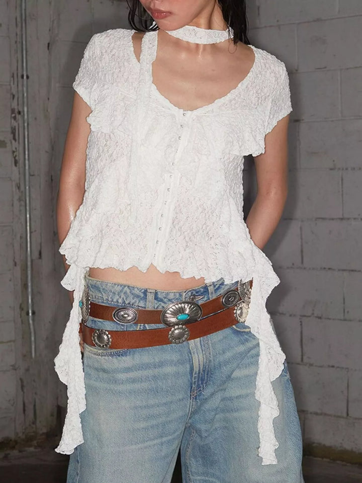 Ruffle Trimmed V-Neck Short Sleeve Lace Top