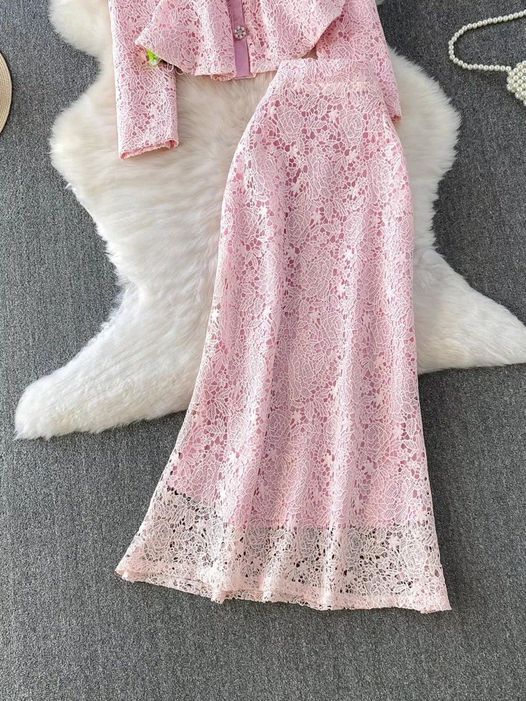 Lace Button Up Top and Skirt Set