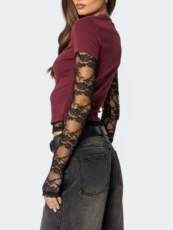 Lace Sleeve Fitted T-Shirt