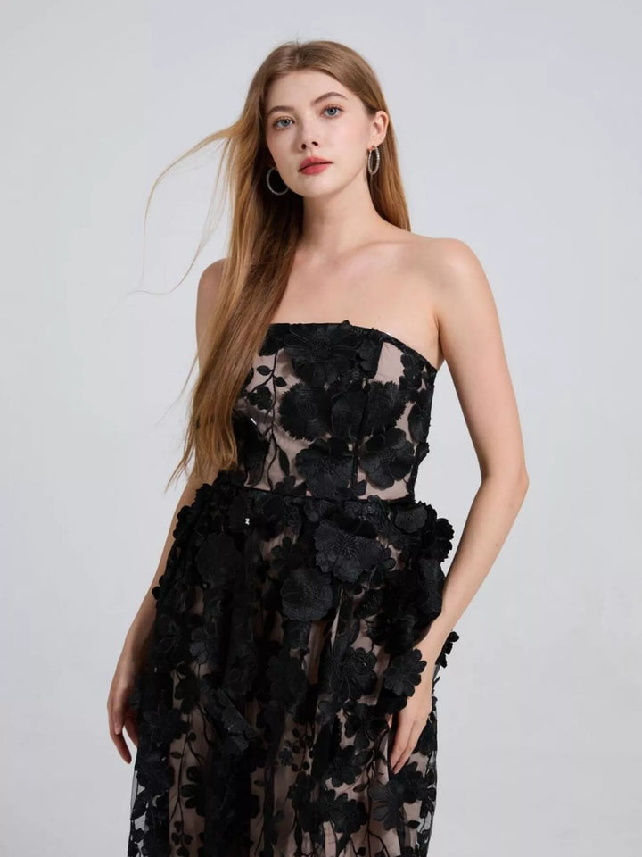 Floral Applique Strapless Midi Dress