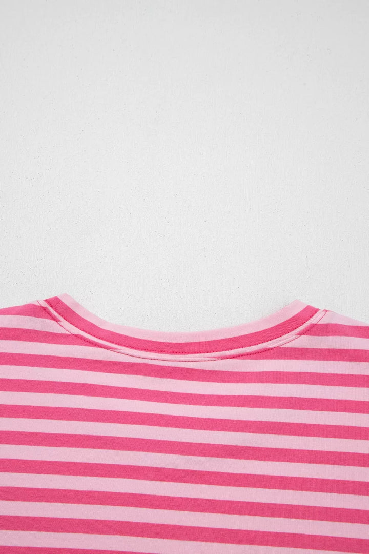 Stripe Drop Shoulder Round Neck Top and Buttoned Straight Pants Two Piece Set