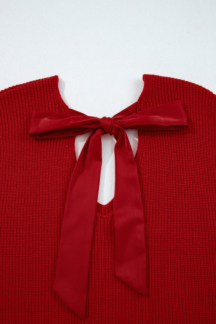 Racing Red Lantern Sleeve V Neck Knot Back Sweater