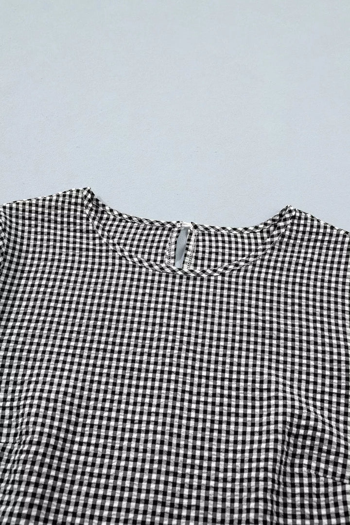 Gingham Bow Half Sleeve Blouse