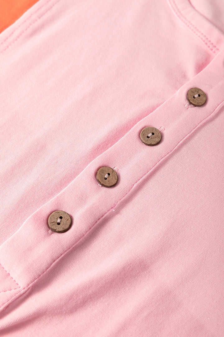Pink Colorblock Long Sleeve Buttons Henley Top