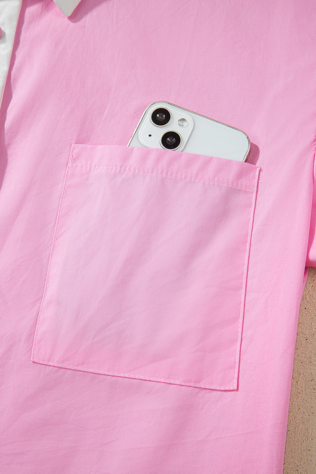 Pink Hollow-out Floral Contrast Patchwork Short Sleeve Button Up Shirt