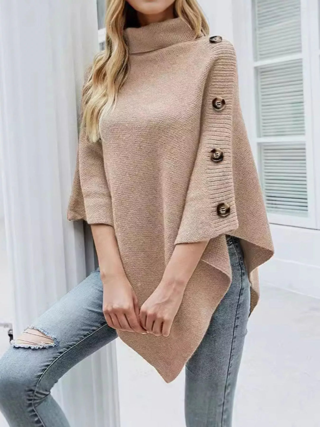 Button-Decor Turtleneck Poncho Pullover