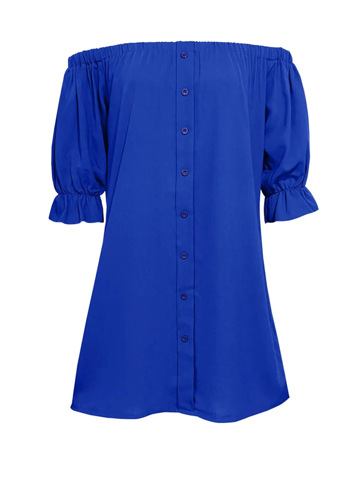 Off Shoulder Button Down Mini Shirt Dress