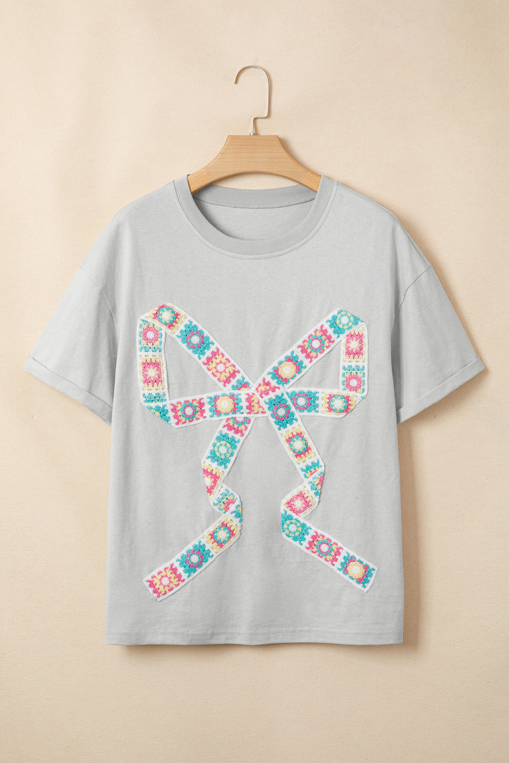 Light Grey Floral Crochet Ribbon Bow Patched Cotton T Shirt