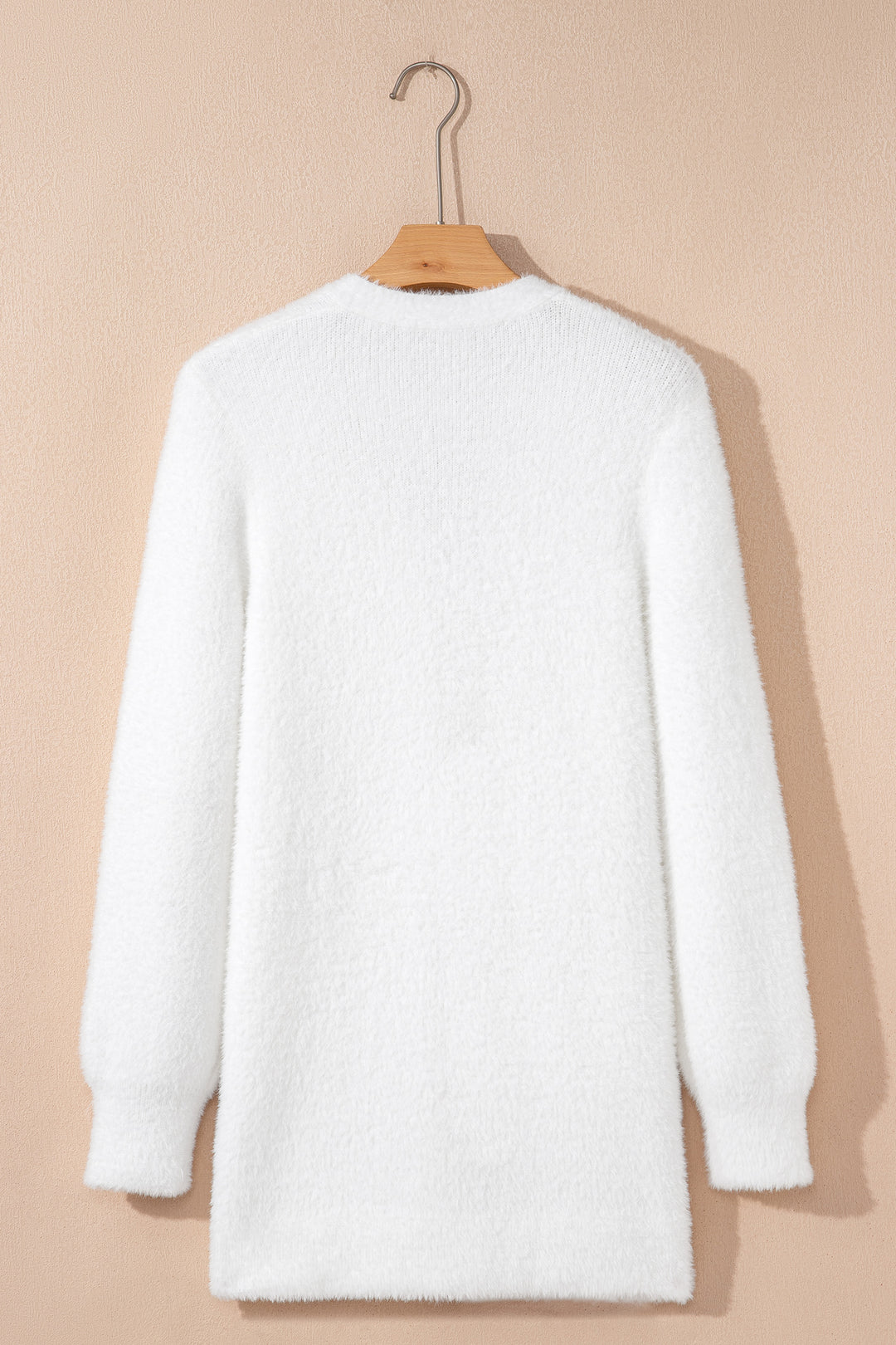 White Fuzzy Buttoned Front Midi Solid Cardigan