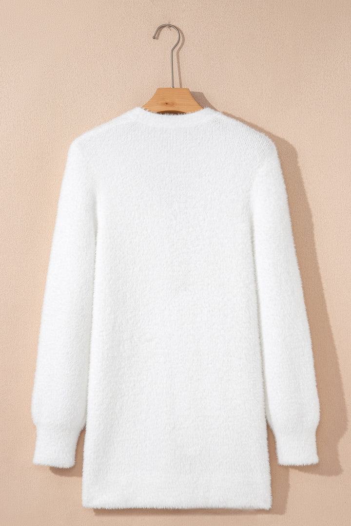 White Fuzzy Buttoned Front Midi Solid Cardigan