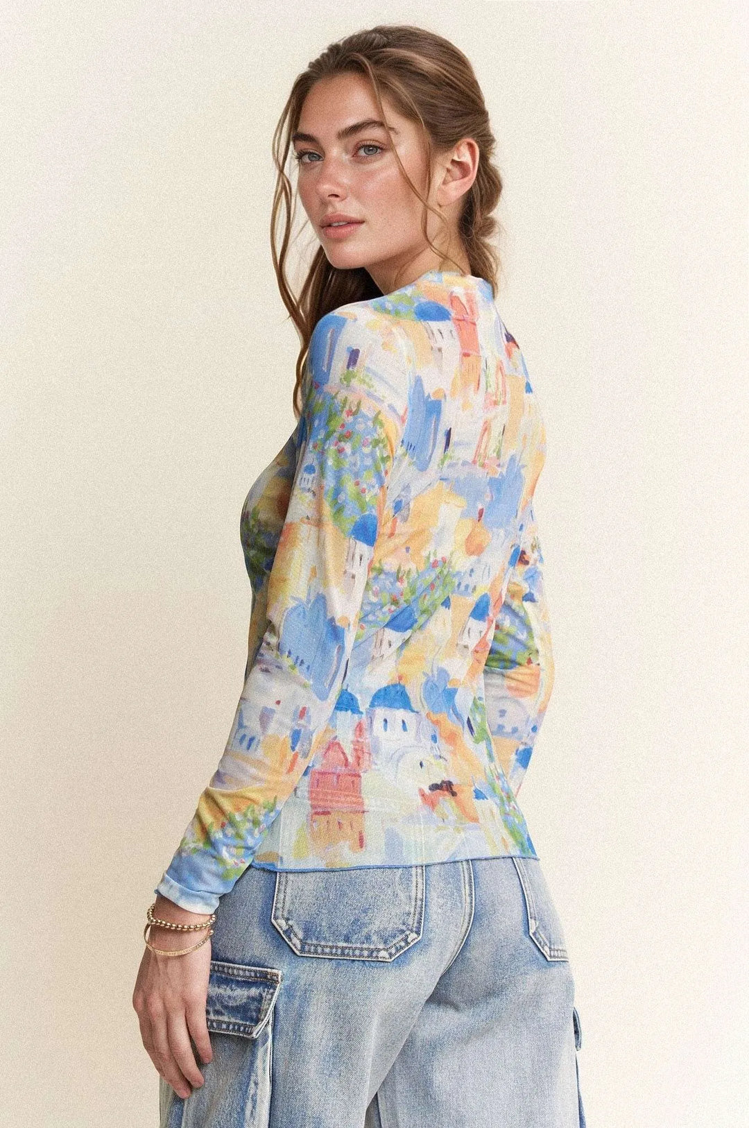 Davi & Dani Multi Printed Mesh Round Neck Long Sleeve Top