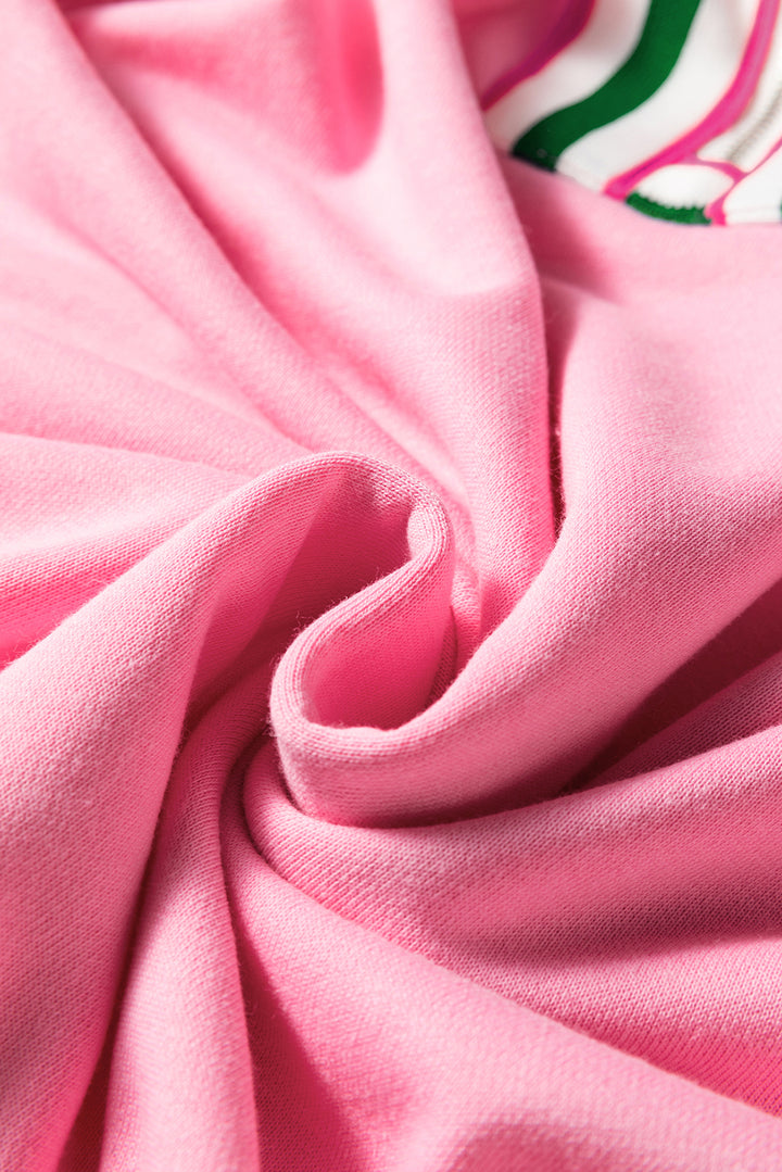 Sachet Pink Contrast Striped Patchwork Zip Collar Pullover Sweatshirt