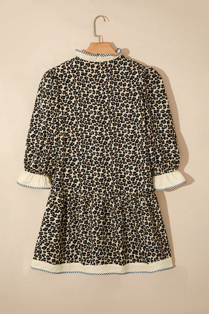Black Leopard Print Striped Color Block Trim V Neck Bracelet Sleeve Mini Dress