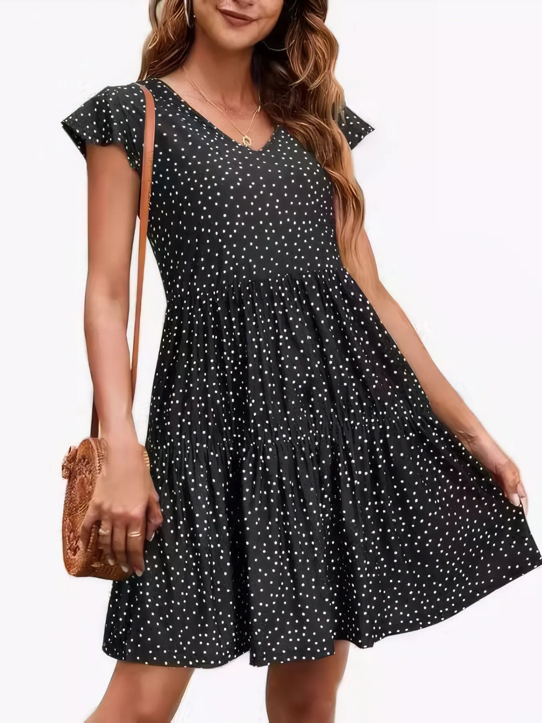 Polka Dot Ruffle Sleeve V-Neck Mini Dress