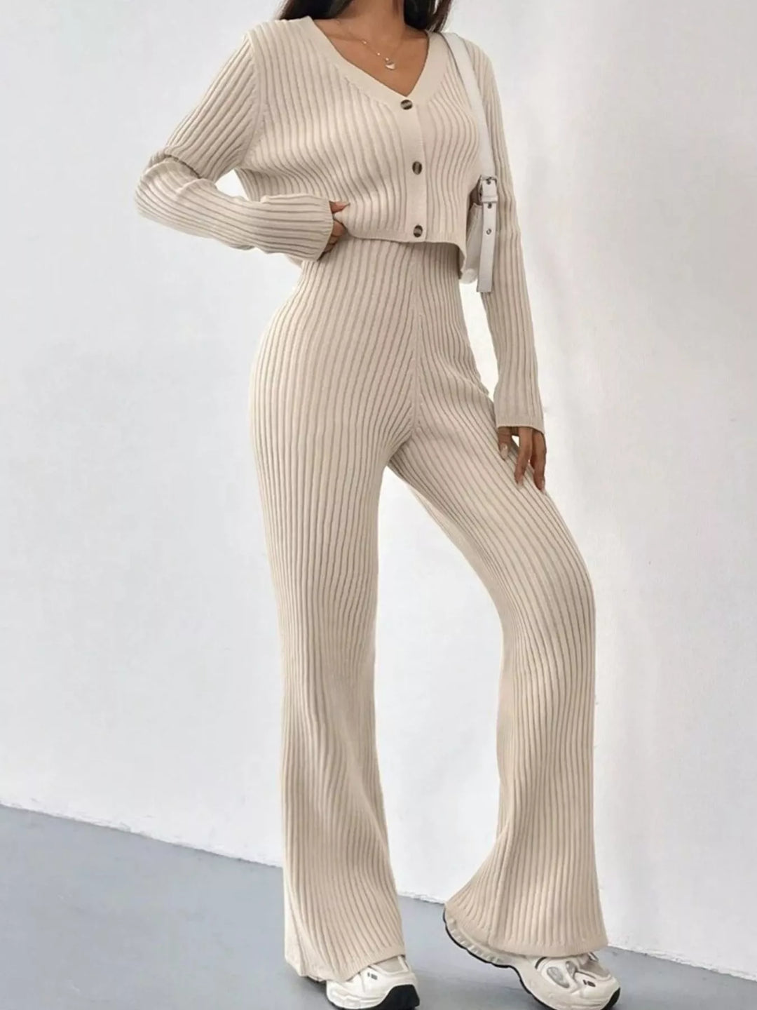 Ribbed Knit Button Up Top and Pants Set