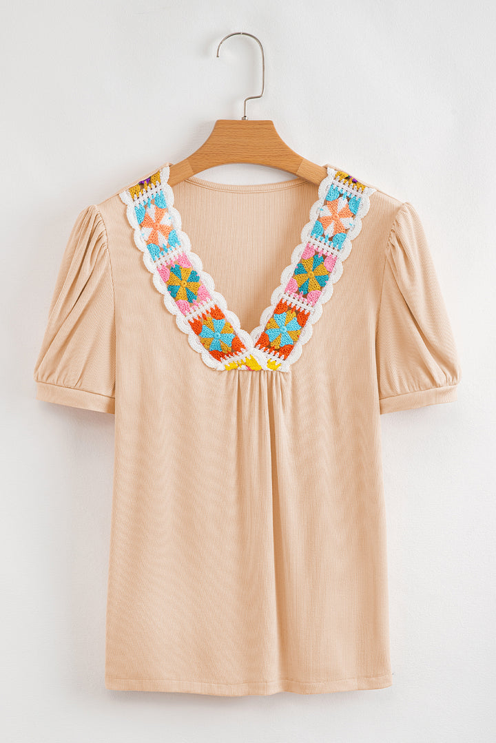 Pale Chestnut Crochet Floral V Neck Textured Short Sleeve Blouse