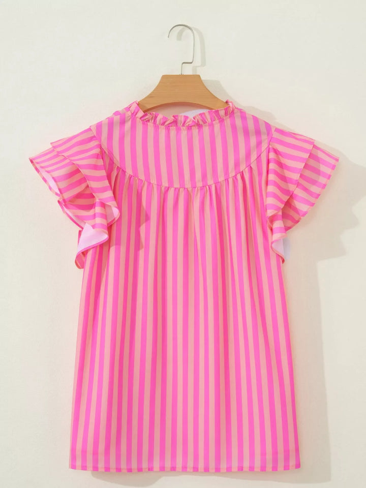 Stripe Split Neck Ruffled Summer Blouse