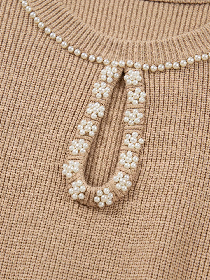 Pearl Embellished Keyhole Ribbed Sweater Dress