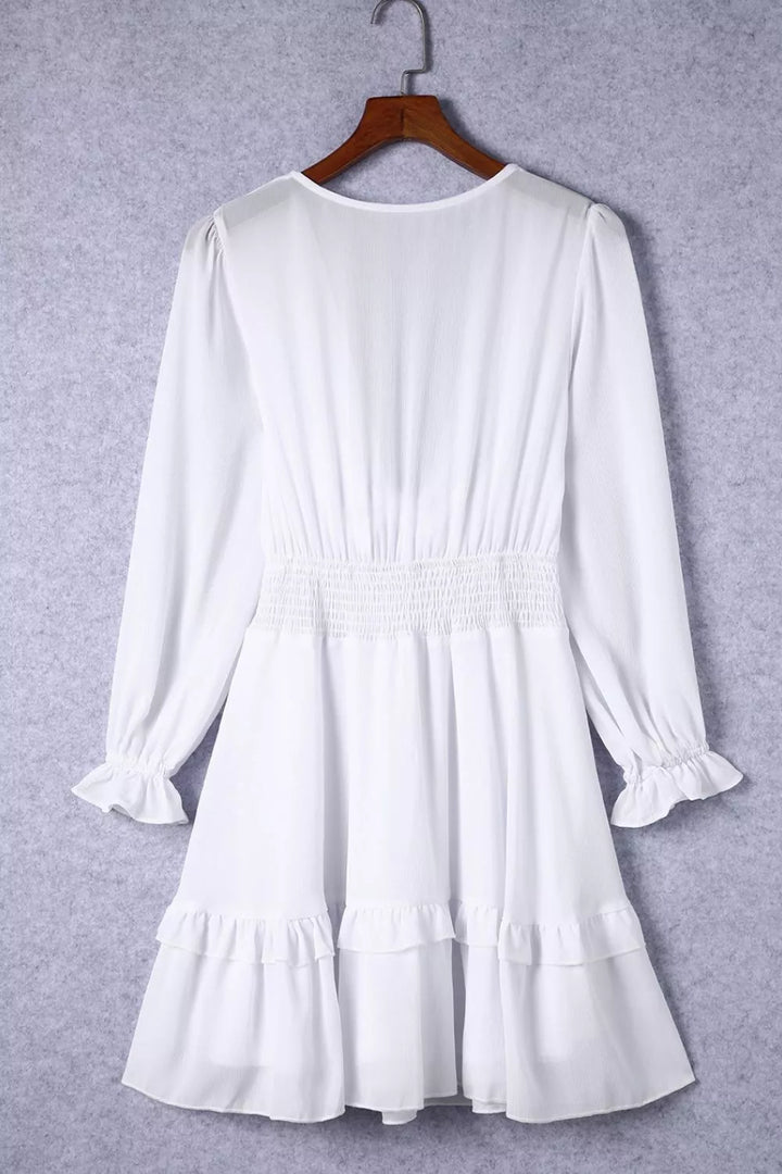 Elegant Tie-Front Ruffle Mini Dress with Smocked Wiast