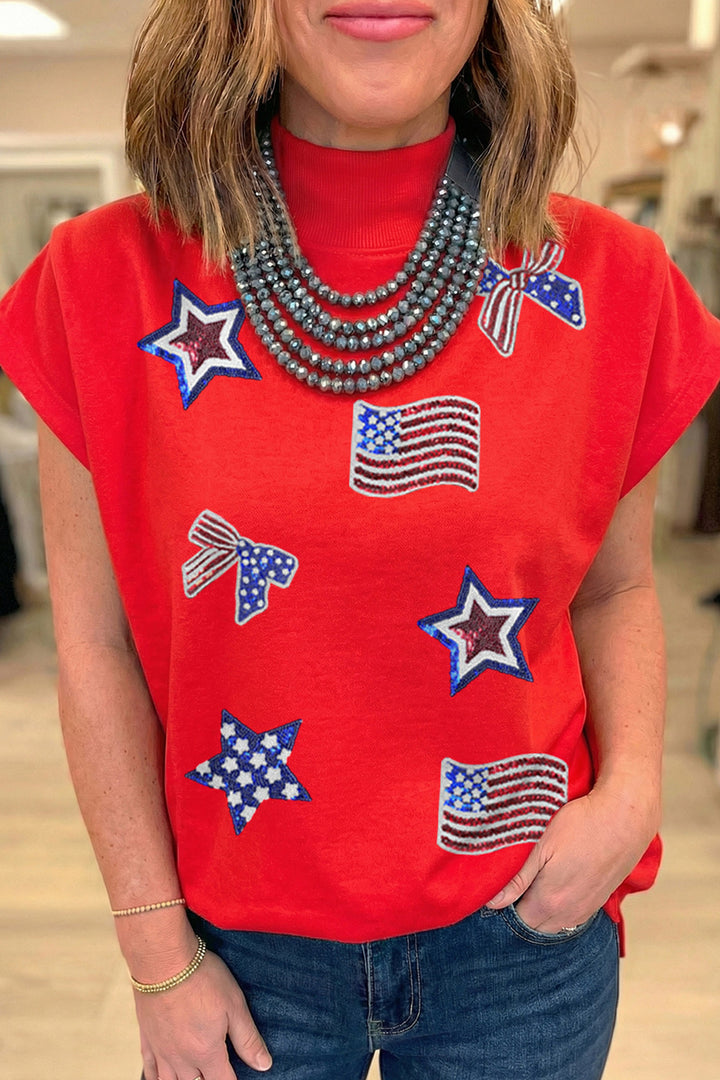 Racing Red Patriotic Sequin Graphic High Neck Short Sleeve Top