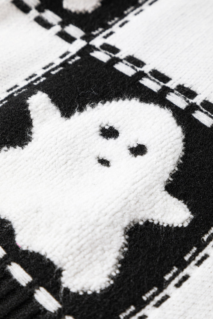 Black Halloween Ghost Checkered Drop Shoulder Sweater