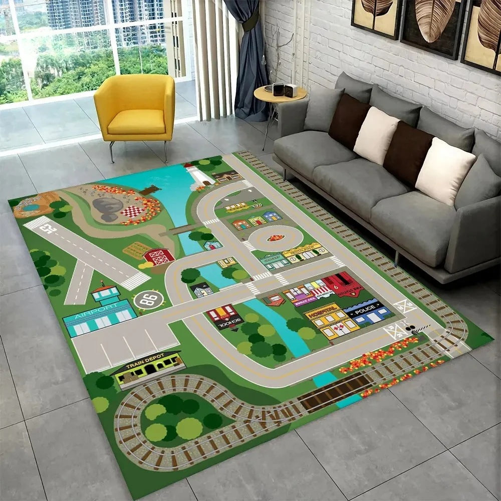 Fun Racing Track Flannel Floor Mat Non-Slip Home Decor Rug For Kids Rooms And Play Areas