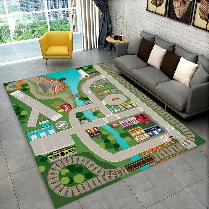 Fun Racing Track Flannel Floor Mat Non-Slip Home Decor Rug For Kids Rooms And Play Areas