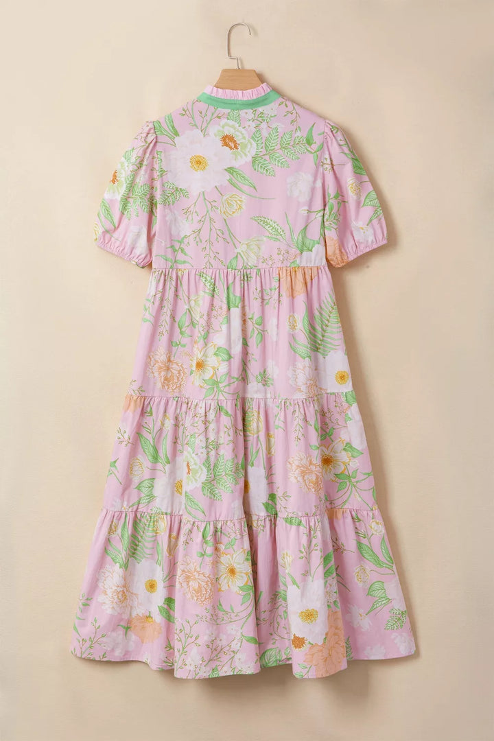 Floral Print Short Puff Sleeve High Waist Tiered Dress