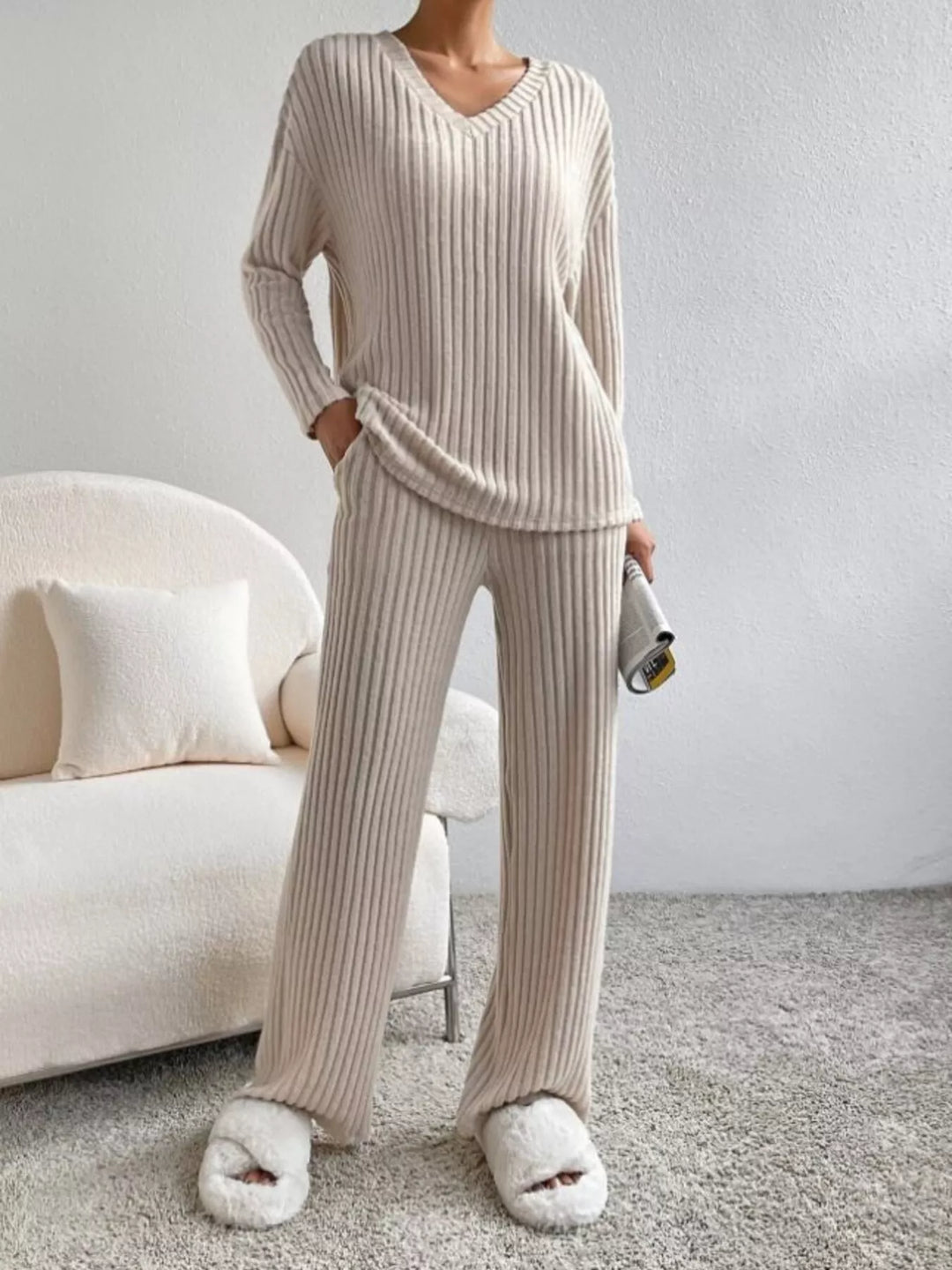 Ribbed Knit V-Neck Top and Pants Set