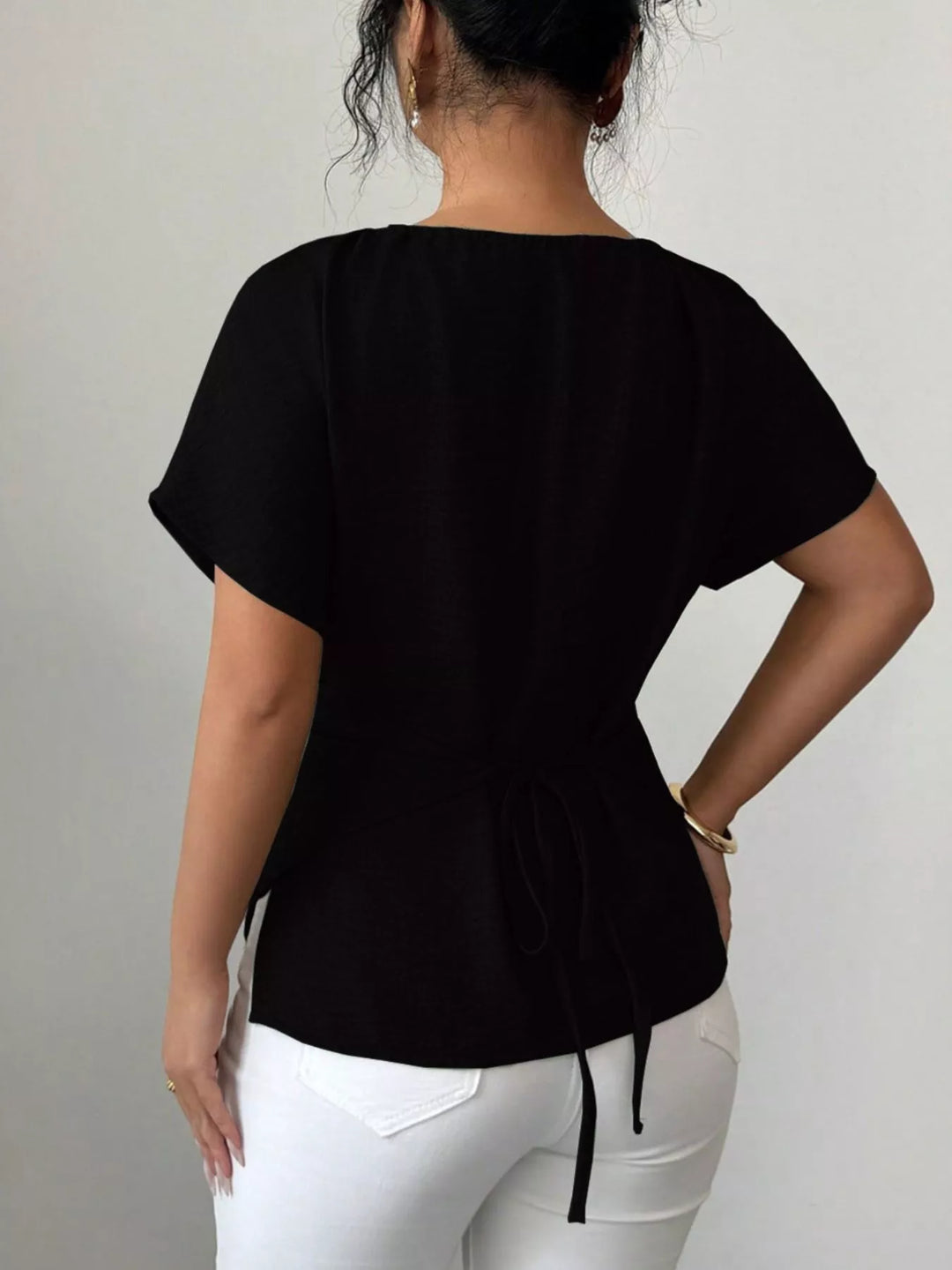 Beaded Neckline Short Sleeve Blouse