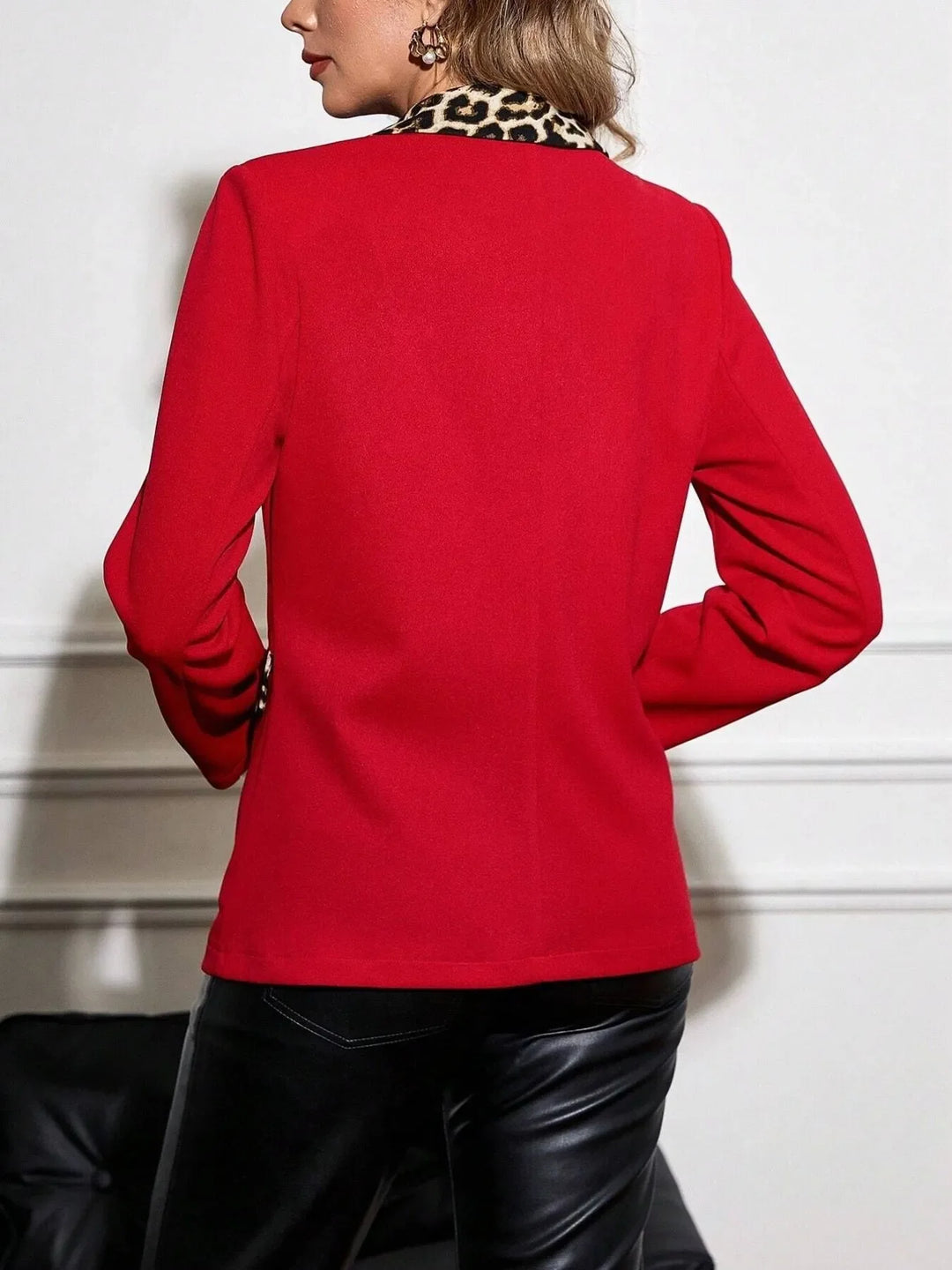 Leopard Lapel Collar Long Sleeve Blazer