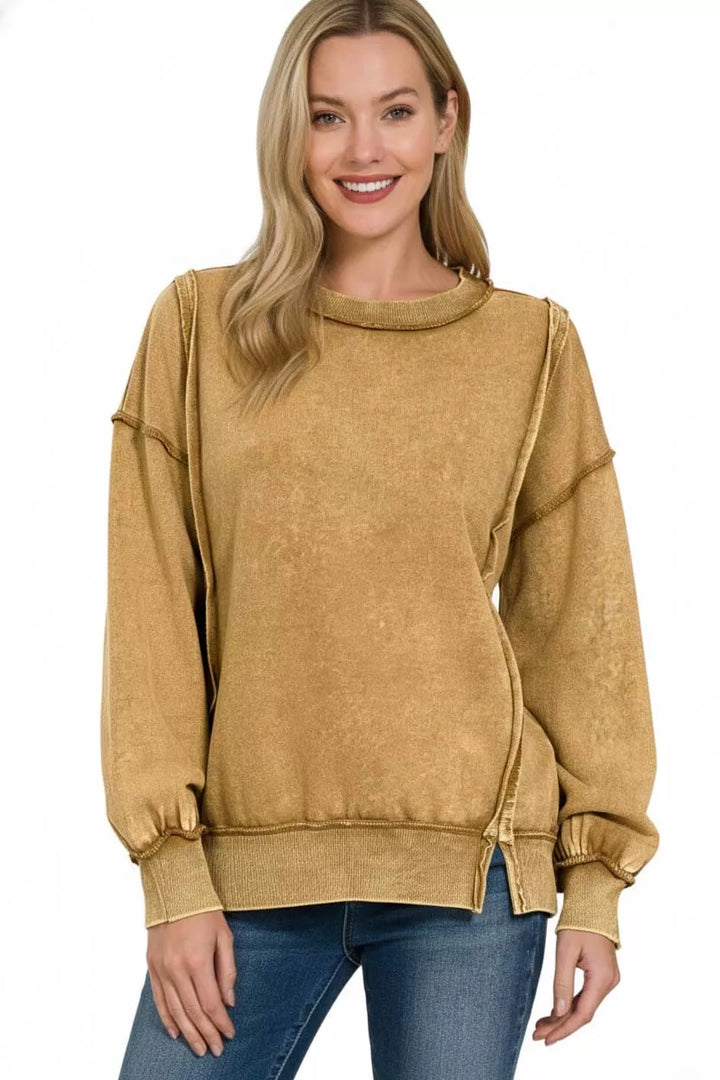 Zenana Acid Wash French Terry Exposed-Seam Sweatshirt