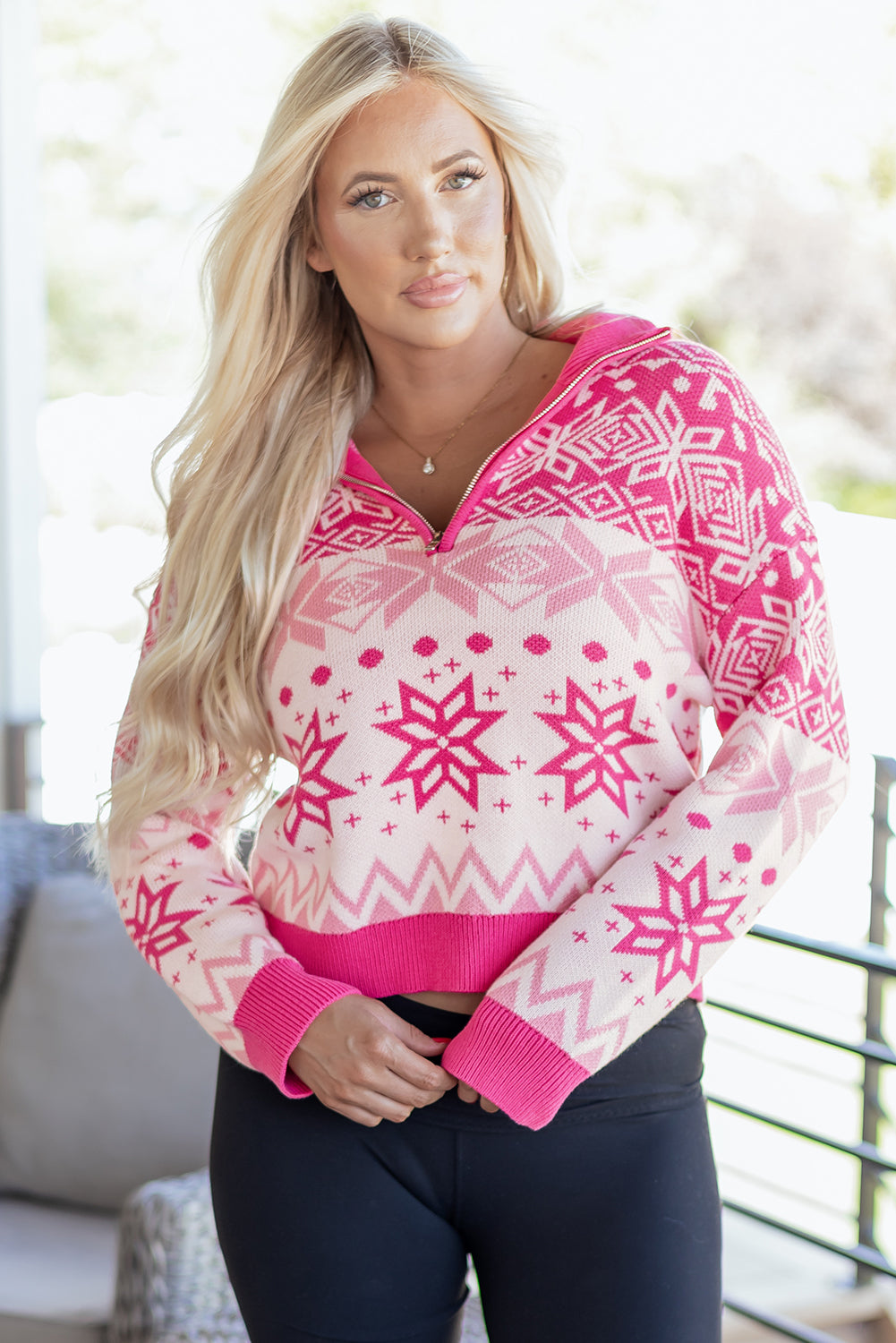 Rose Red Christmas Snowflake Quarter Zip Collard Sweater