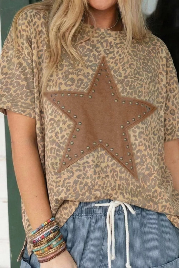 Leopard Print Star Studded Casual T-Shirt
