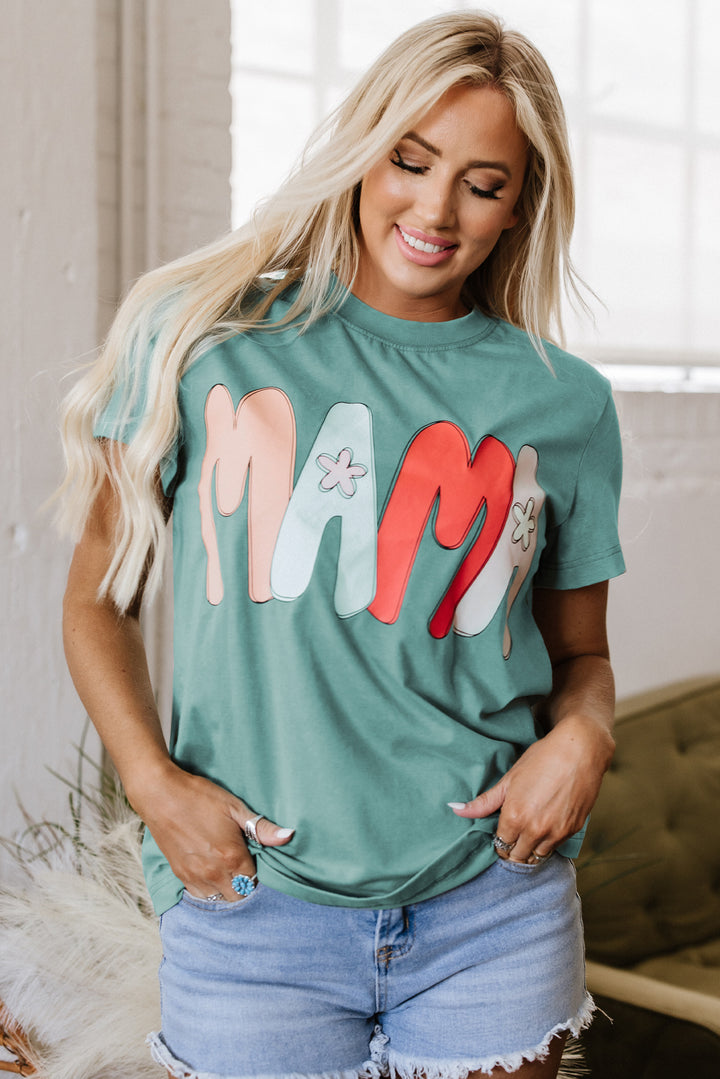 T-shirt ras du cou imprimé vert mer MAMA délavé minéral