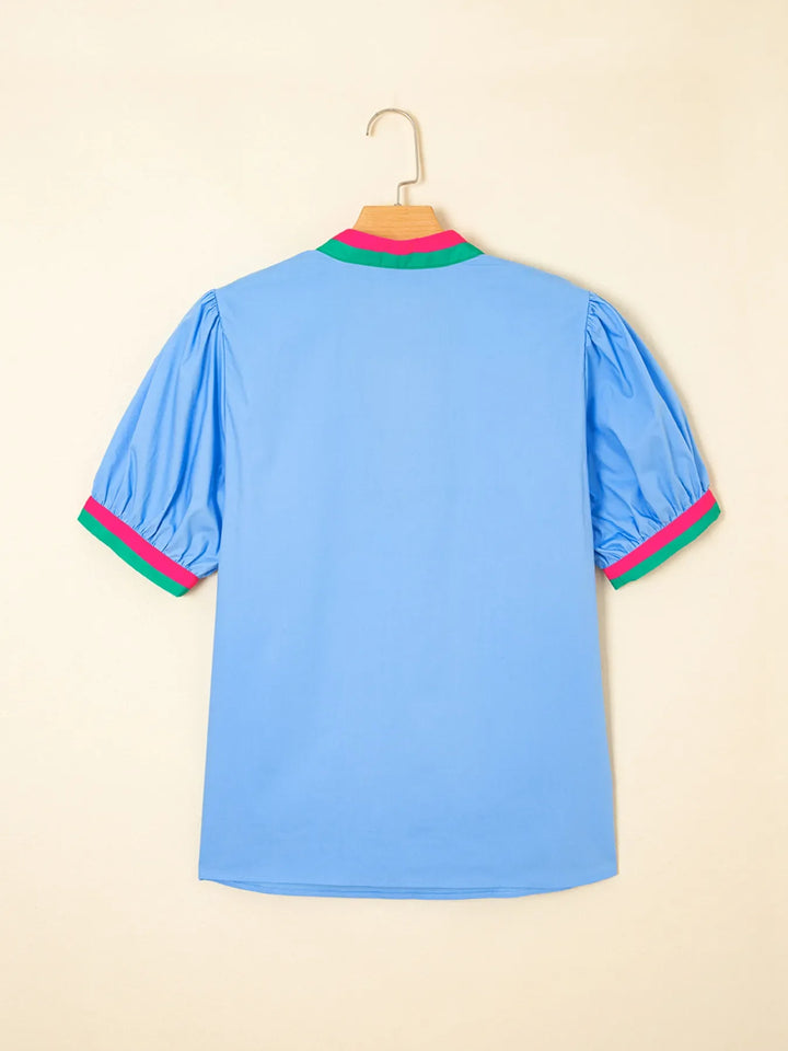 Contrast Trim Notched Short Sleeve Blouse